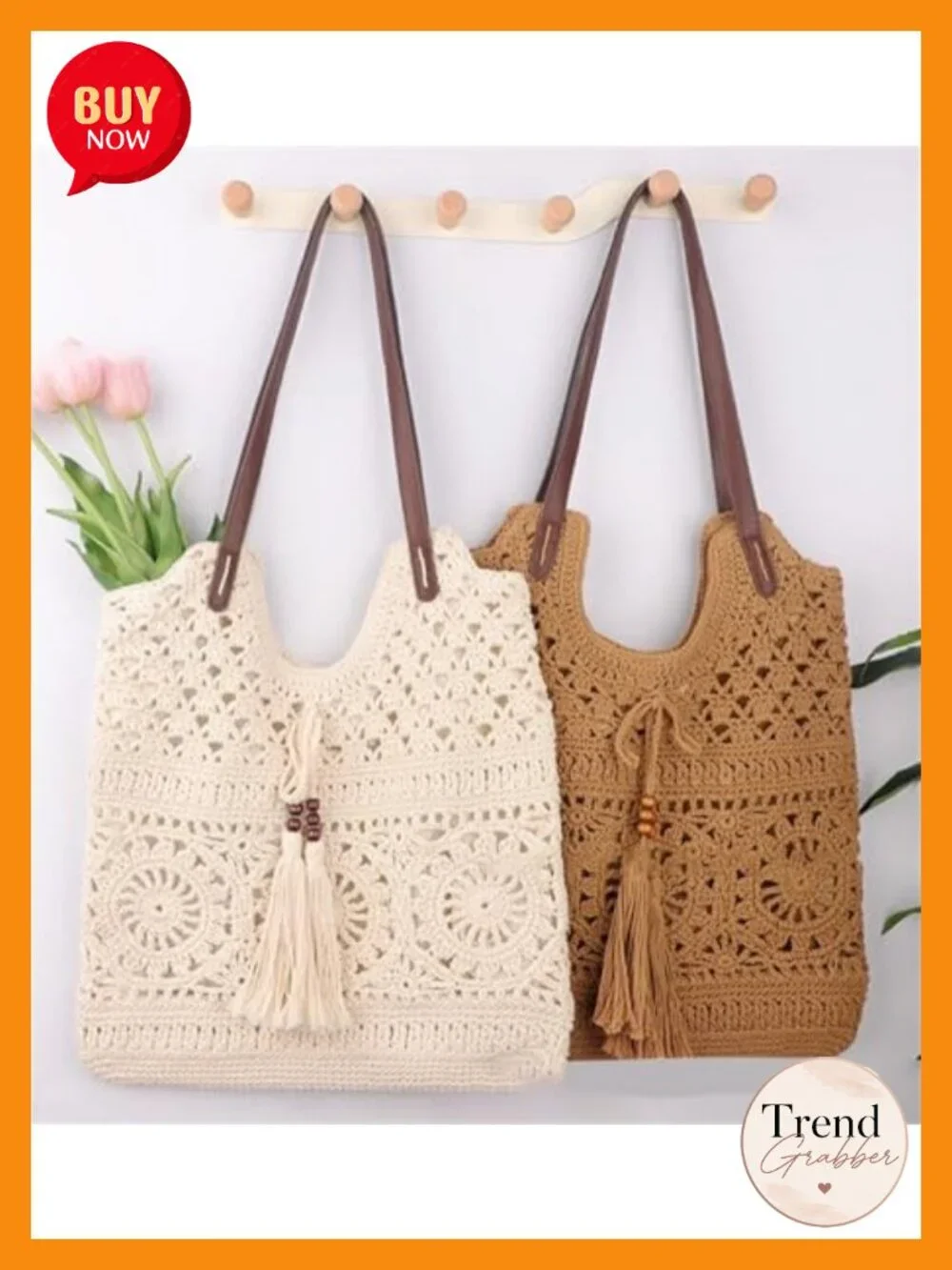 Boho Crochet Summer Handbag Handmade Cotton Rope Knit Shoulder Bag Tote Straw